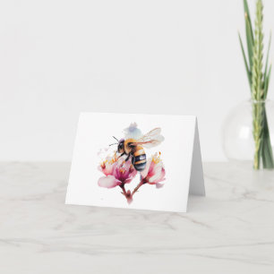 Watercolor Bee with Pink Flowers BLANK  Card