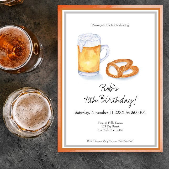Watercolor Beer & Pretzel Birthday Party  Invitation (Get ready to raise your 'foamy' glasses! Watercolor foam beer & pretzel birthday invite promises.)