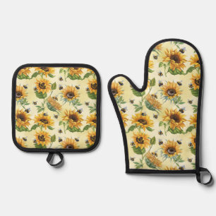 Watercolor Bees and Sunflowers Yellow Oven Mitt & Pot Holder Set
