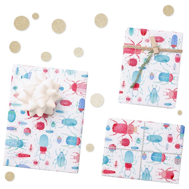 Watercolor Beetle Wrapping Paper Sheet (Watercolor bugs and beetles pattern gift wrapping paper sheets)
