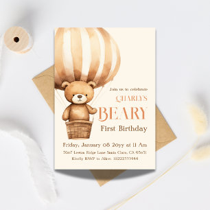 Watercolor Beige Beary First 1st Birthday Invitation