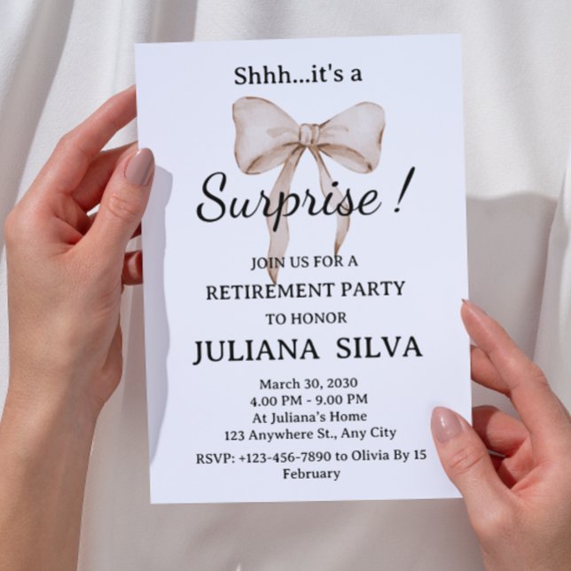 Watercolor Beige Bow Surprise Retirement Party  Invitation (Creator Uploaded)