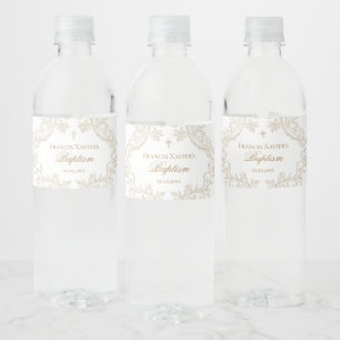 watercolor beige crest baby boy Baptism Water Bottle Label