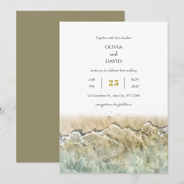 Watercolor Beige Summer Sea Shore Beach Wedding  Invitation (Front/Back)