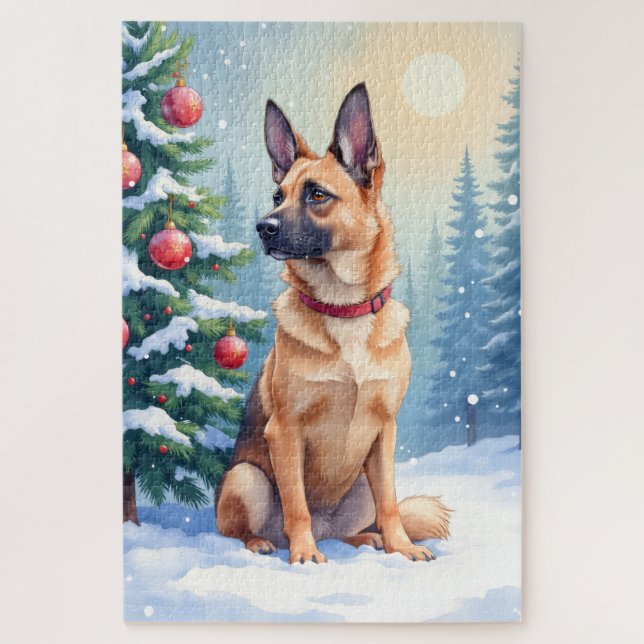 Watercolor Belgian Malinois Evergreen Christmas Jigsaw Puzzle (Vertical)