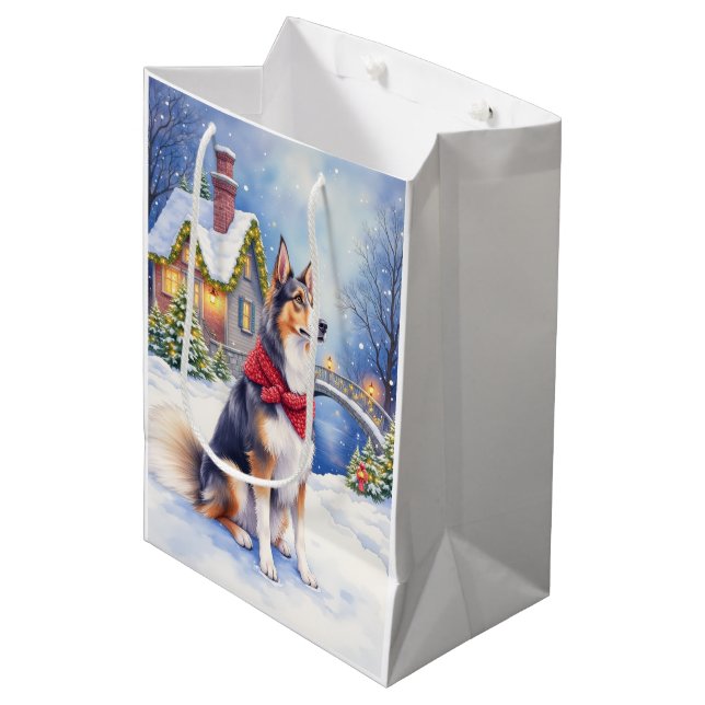 Watercolor Belgian Sheepdog Winter Christmas Medium Gift Bag (Front Angled)