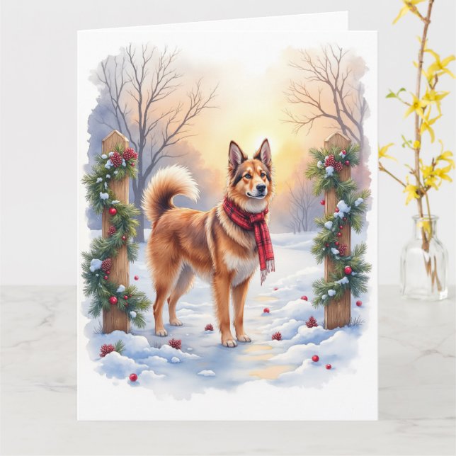 Watercolor Belgian Tervuren Garland Christmas Card (Yellow Flower)