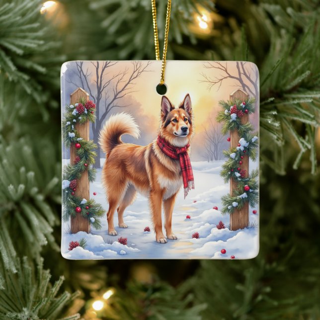 Watercolor Belgian Tervuren Garland Christmas Ceramic Ornament (Tree)