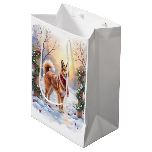 Watercolor Belgian Tervuren Garland Christmas Medium Gift Bag (Front Angled)