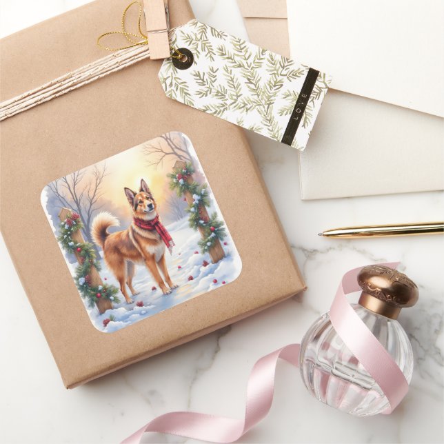 Watercolor Belgian Tervuren Garland Christmas Square Sticker (Gifting)