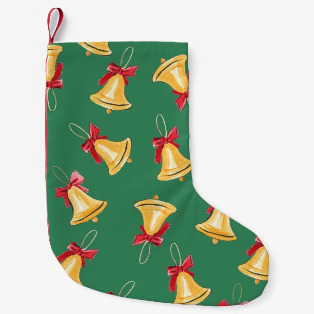Watercolor Bell Pattern Green Seamless Small Christmas Stocking (Front)