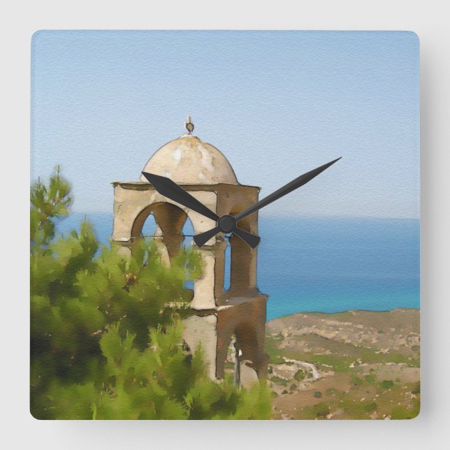 Watercolor bell tower square wall clock (Front)