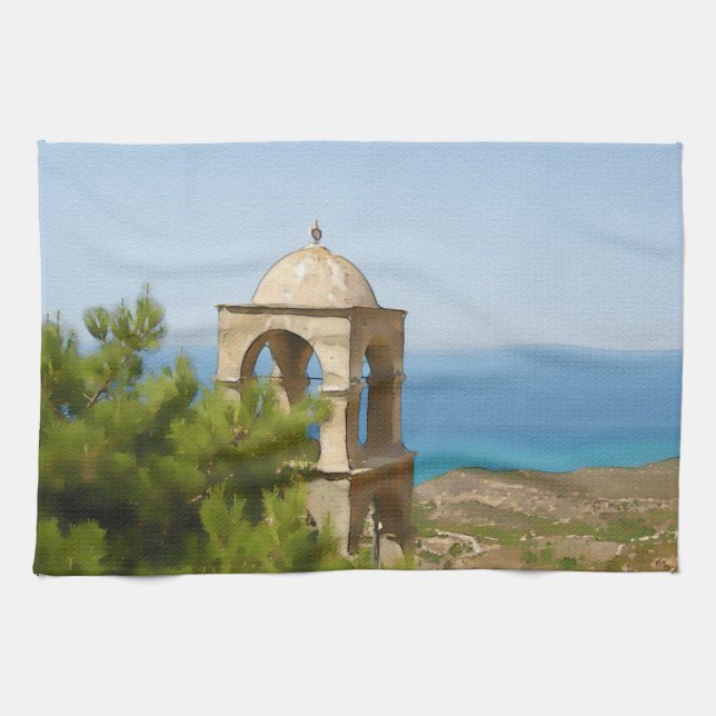 Watercolor bell tower tea towel (Horizontal)