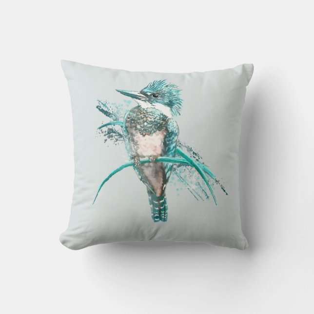 Watercolor  Belted Kingfisher Bird  Animal Cushion (Front)