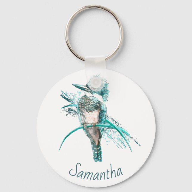 Watercolor Belted Kingfisher Bird Animal Custom Key Ring (Front)