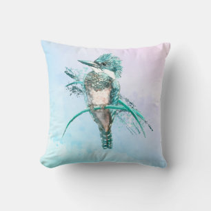 Watercolor Belted Kingfisher Bird Wildlife Art Cushion