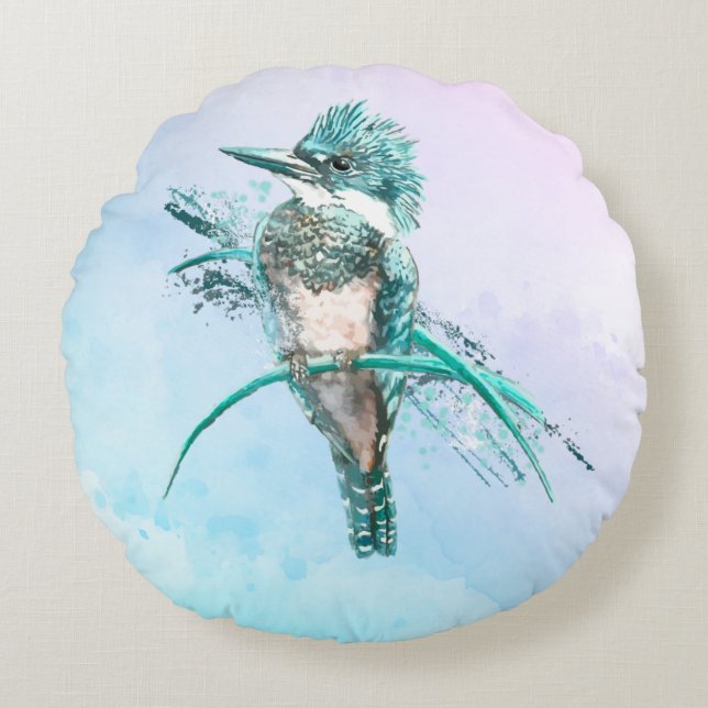Watercolor Belted Kingfisher Bird Wildlife Art Round Cushion (Front)