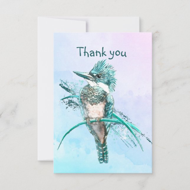 Watercolor Belted Kingfisher Bird Wildlife Art Thank You Card (Front)