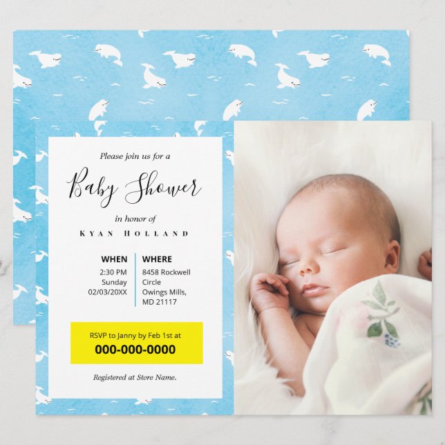 Watercolor Beluga Whale Personalised Photo Invitation (Front/Back)