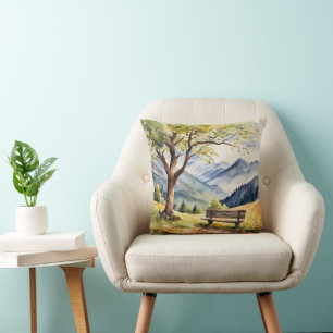 Watercolor Bench and Mountain Scene Cushion