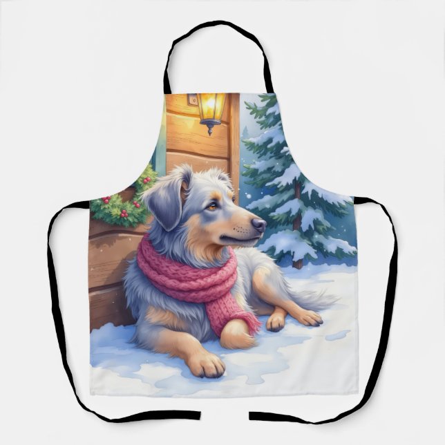 Watercolor Bergamasco Shepherd Cabin Christmas Apron (Front)