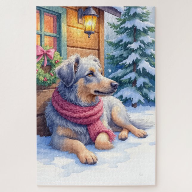 Watercolor Bergamasco Shepherd Cabin Christmas Jigsaw Puzzle (Vertical)