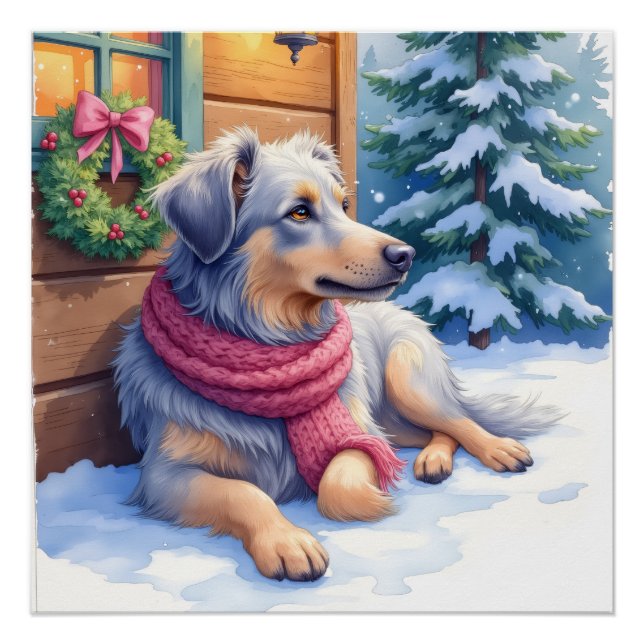 Watercolor Bergamasco Shepherd Cabin Christmas Poster (Front)