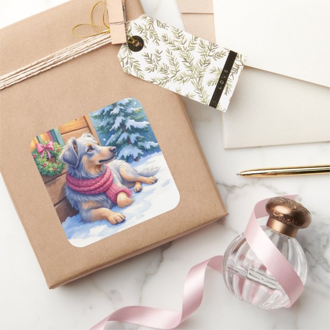 Watercolor Bergamasco Shepherd Cabin Christmas Square Sticker (Gifting)