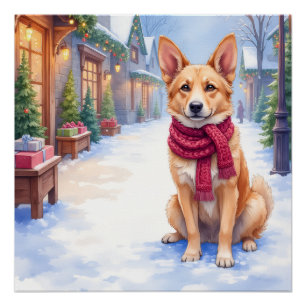 Watercolor Berger Picard Village Square Christmas Poster