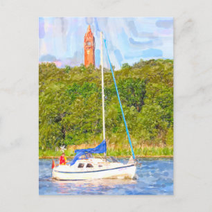 Watercolor Berlin. Grunewald tower and boat Havel Postcard