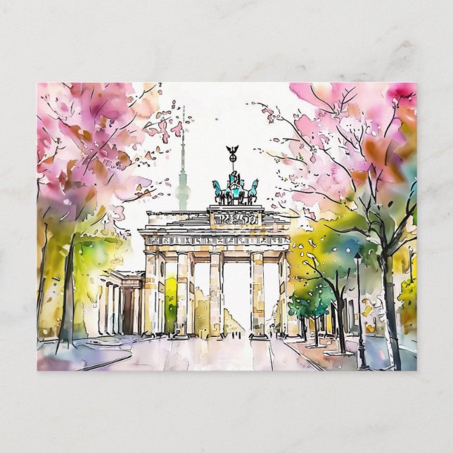Watercolor Berlin Spring Brandenburg Gate Postcard (Front)