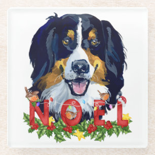 Watercolor Bernese Mountain Dog Christmas Glass Coaster