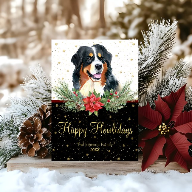 Watercolor Bernese Mountain Dog Happy Howlidays Holiday Card (Creator Uploaded)