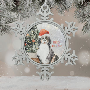 Watercolor Bernese Mountain Dog Merry Christmas Snowflake Pewter Christmas Ornament