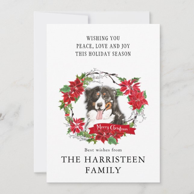Watercolor Bernese Mountain Dog Poinsettia Wreath Holiday Card (Front)