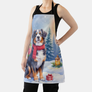 Watercolor Bernese Mountain Dog Sleigh Christmas Apron