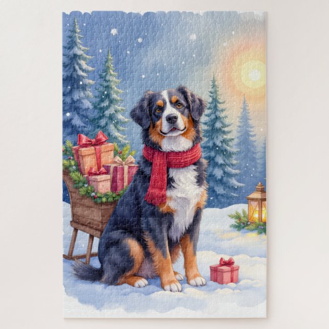 Watercolor Bernese Mountain Dog Sleigh Christmas Jigsaw Puzzle (Vertical)