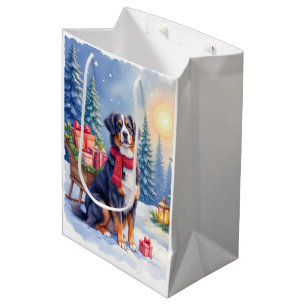 Watercolor Bernese Mountain Dog Sleigh Christmas Medium Gift Bag