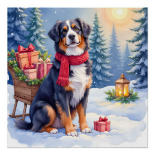 Watercolor Bernese Mountain Dog Sleigh Christmas Poster