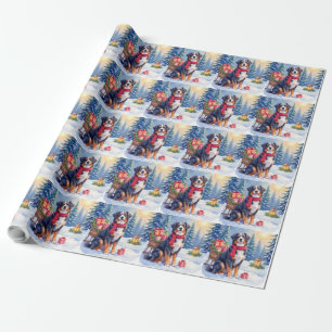 Watercolor Bernese Mountain Dog Sleigh Christmas Wrapping Paper