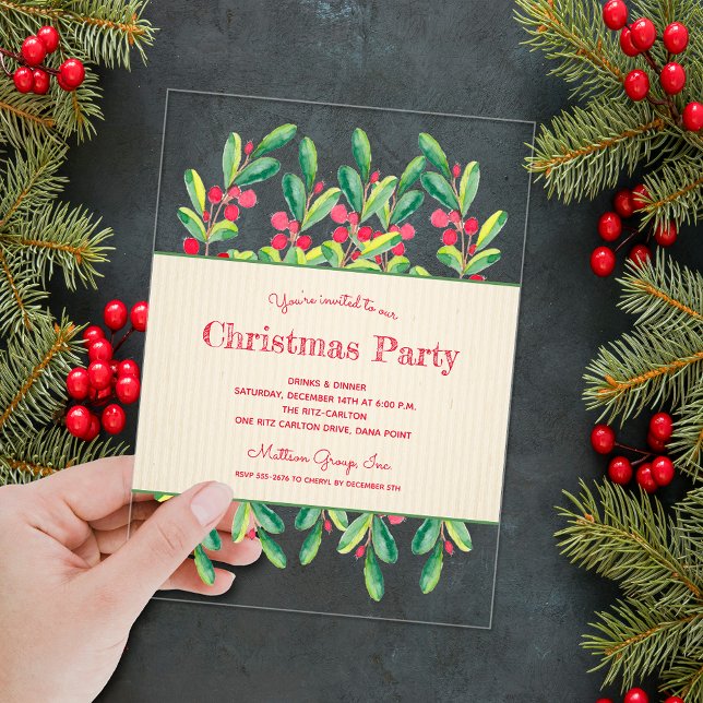 Watercolor Berries and Branches Christmas Acrylic Invitations (Watercolor berries and branches ACRYLIC Christmas party invitations)
