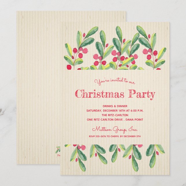 Watercolor Berries and Branches Christmas Invites (Front/Back)