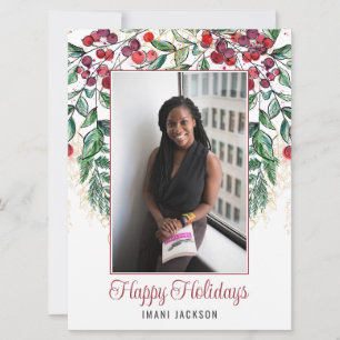 Watercolor Berries and Evergreen Photo Christmas Holiday Card