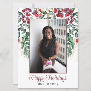 Watercolor Berries and Evergreen Photo Christmas  Holiday Card