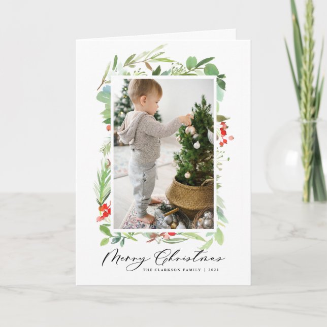 Watercolor Berries and Greenery Merry Christmas Holiday Card (Front)
