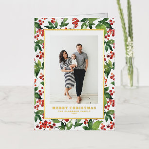 Watercolor Berries and Greenery Photo Christmas Foil Holiday Card
