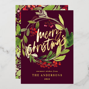 Watercolor Berries and Greenery Wreath Christmas Foil Holiday Card
