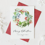 Watercolor Berries and Greenery Wreath Christmas Holiday Card<br><div class="desc">Merry Christmas! Send holiday greetings and message to family and friends with this elegant holiday card. It features watecolor illustrations berries and greenery wreath. Personalise this flat card by adding names,  year and message. Choose between a wide array of paper types. Matching items are available.</div>