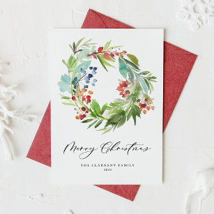 Watercolor Berries and Greenery Wreath Christmas Holiday Card