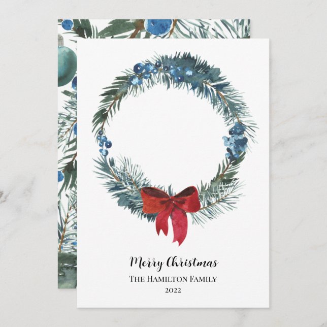 Watercolor Berries and Greenery Wreath Christmas Invitation (Front/Back)